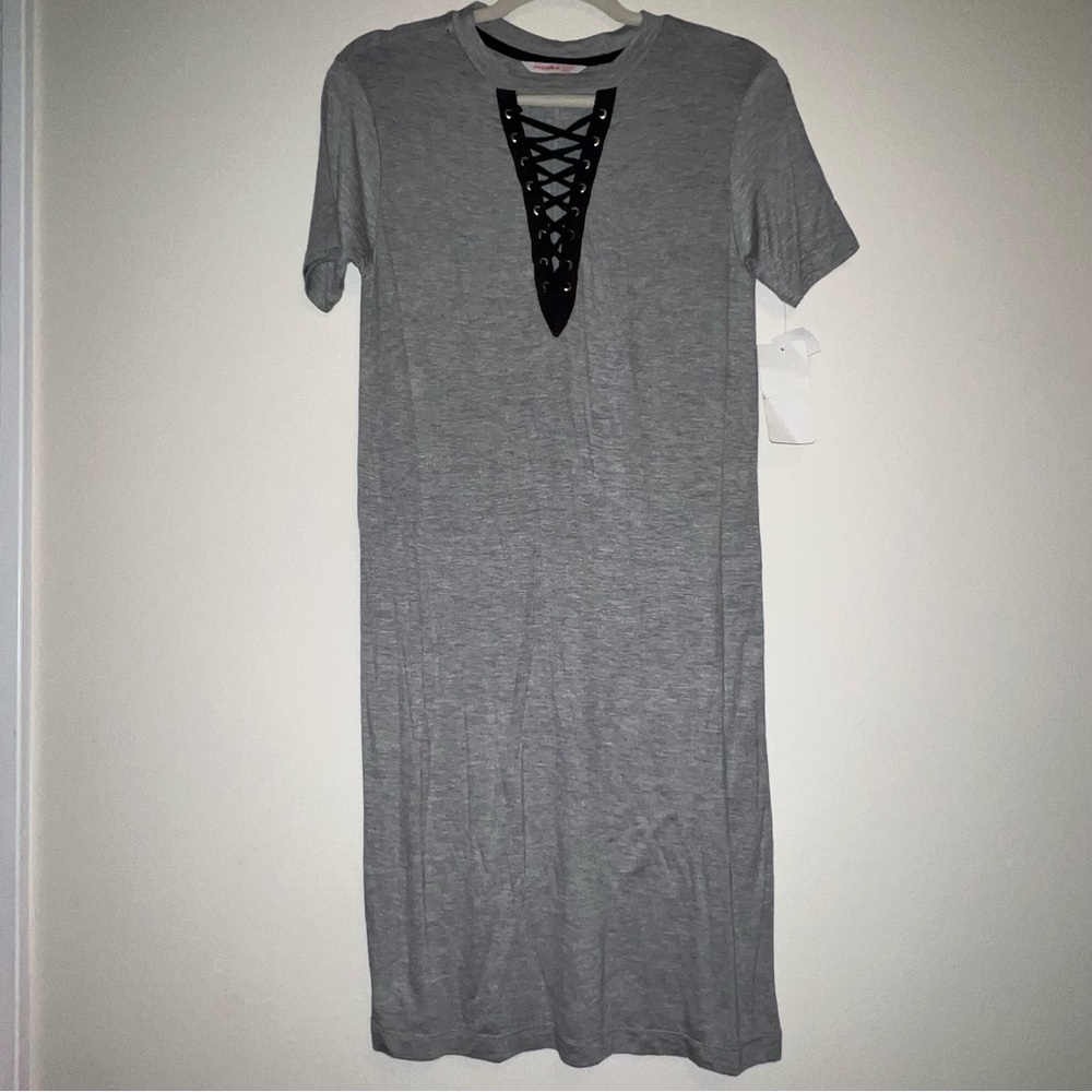 ANDREA Gray Lace-Up casual Dress pink emu grommets new net short sleeve